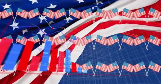 在美国国旗上进行统计处理的动画 美国的爱国主义 独立和商业概念 — 图库视频影像