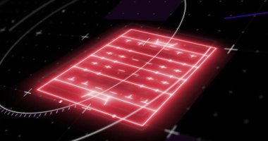 Neon kırmızı spor sahası ve işaretleyicilerin görüntüsü. spor ve veri işleme kavramı dijital olarak oluşturulmuş görüntü.