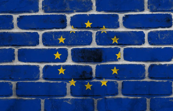 Teljes Felvétel Európai Szakszervezeti Zászlóról Égett Téglafalon Változatlan Háttér Zászló — Stock Fotó