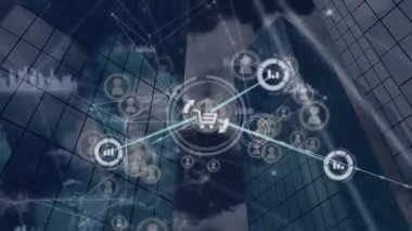Bilgi ve alışveriş simgeleri ağının animasyonu verileri gelecekteki gökdelenlere aktarıyor. küresel iletişim ağı ve iş konsepti dijital olarak oluşturulmuş video.