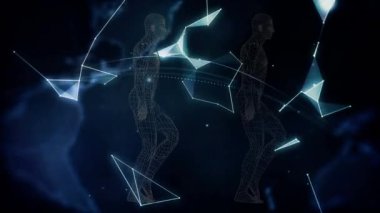 Siyah arka planda el ele tutuşan dijital insan modelinin animasyonu. küresel bağlantılar, dijital arayüz ve dijital olarak oluşturulmuş video işleme konsepti.