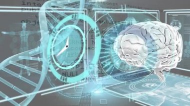 Dijital beyin, DNA ipliği ve veri işleme üzerinde tarama yapan saat ve teleskop animasyonu. küresel bağlantılar, dijital arayüz ve dijital olarak oluşturulmuş video işleme konsepti.