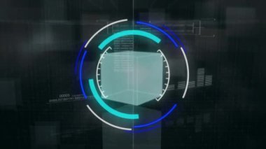 Siyah arkaplanda veri işleme üzerinde tarama kapsamı animasyonu. küresel teknoloji ve dijital arayüz kavramı dijital olarak oluşturulmuş video.