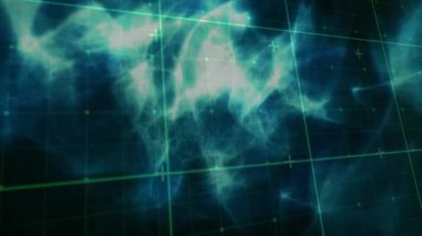 Siyah arkaplanda duman üzerine dijital arayüz animasyonu. küresel bilim, dijital arayüz ve veri işleme kavramı dijital olarak oluşturulmuş video.