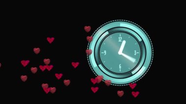 Siyah arka planda saat üzeri kalp animasyonu. küresel teknoloji, dijital arayüz ve veri işleme kavramı dijital olarak oluşturulmuş video.