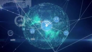 Parlak mavi ışıklar üzerinden veri aktaran büyüyen müzik ve kablosuz internet simgelerinin animasyonu. küresel iletişim ağı ve veri paylaşım konsepti dijital olarak oluşturulmuş video.