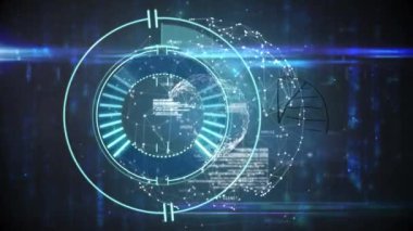 Siyah arkaplandaki veri işleme üzerinde tarama yapan bağlantıların ve kapsam küresinin animasyonu. küresel bağlantılar, dijital arayüz ve dijital olarak oluşturulmuş video işleme konsepti.