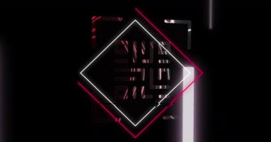 Neon geometrik şekiller üzerinde parlayan qr kodlarının animasyonu. Çevrimiçi güvenlik, kimlik ve veri işleme kavramı dijital olarak oluşturulmuş video.