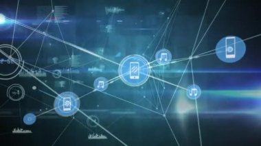 Veri aktarımı yapan mavi müzik ve medya simgeleri ağının animasyonu. küresel iletişim ağı ve bilgi paylaşım konsepti dijital olarak oluşturulmuş video.