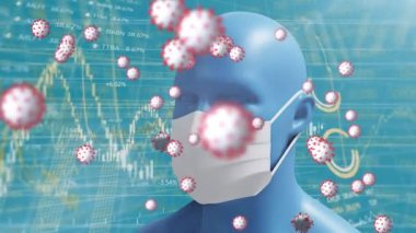 Farklı finansal veriler üzerinden yüz maskeli insan yüzü modelinin animasyonu. küresel covid 19 salgın ve ekonomi konsepti dijital olarak üretilen video.