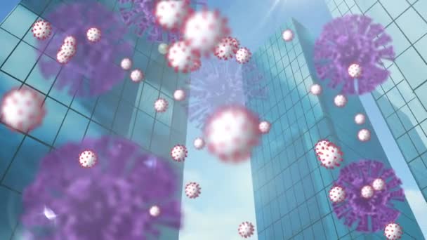 在摩天大楼上漂浮的病毒细胞的动画 全球联盟19大流行病概念数码视频 — 图库视频影像