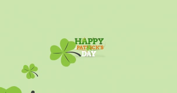 Animation Happy Patrick Day Text Clover Leaves Light Green Background — Stock Video