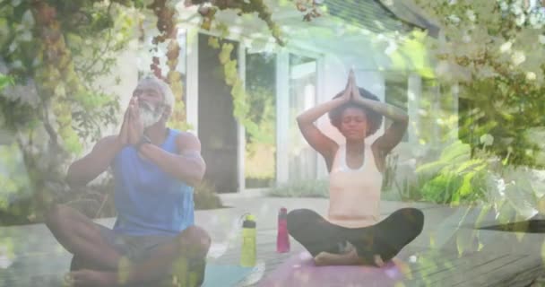 Animación Hojas Sobre Hombres Mujeres Afroamericanos Mayores Practicando Yoga Meditando — Vídeo de stock