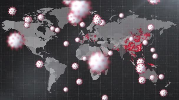 在燃烧的世界地图上旋转的病毒细胞的动画 全球联盟19大流行病概念数码视频 — 图库视频影像