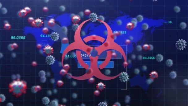 Анімація Біогазового Символу Вірусні Клітини Цифри Карті Світу Синьому Фоні — стокове відео