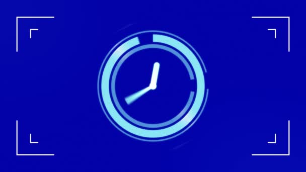 Animación Del Reloj Movimiento Sobre Fondo Azul Tecnología Global Interfaz — Vídeos de Stock
