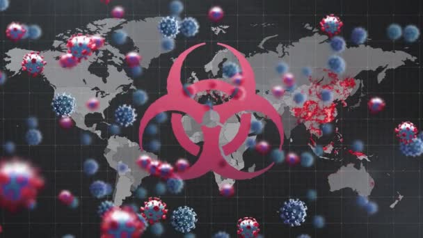 在燃烧的世界地图上动画生物危害符号和病毒细胞 全球联盟19大流行病概念数码视频 — 图库视频影像
