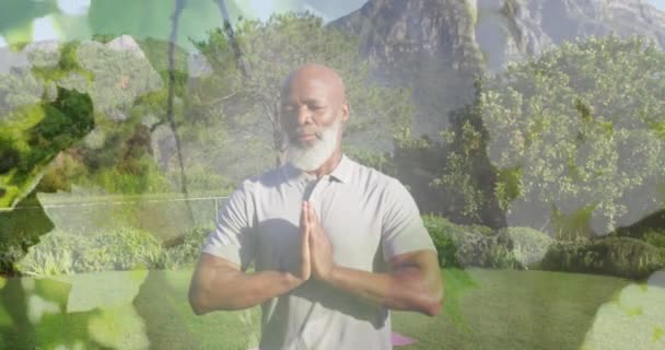 非洲裔美国老人在练习瑜伽和冥想时的叶子动画 世界冥想日和数字制作的视频庆祝概念 — 图库视频影像