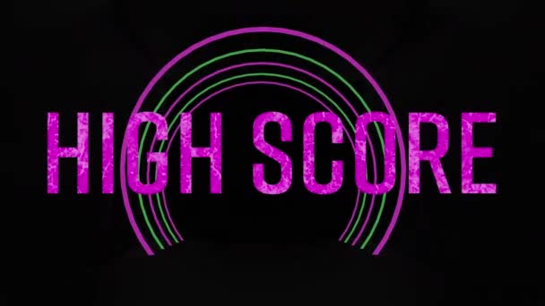 Animation Des Highscore Textes Über Neon Tunnel Auf Schwarzem Hintergrund — Stockvideo