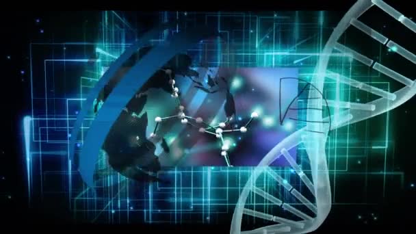 Animation Globe Dna Strand Data Processing Black Background Global Connections — Stock Video