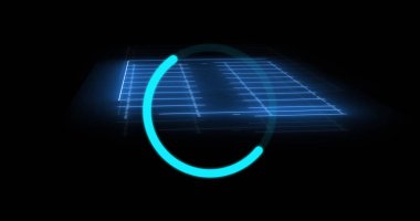 Neon mavisi spor alanı ve mavi dürbün taraması. spor, resim oyunu ve veri işleme kavramı dijital olarak oluşturulmuş görüntü.