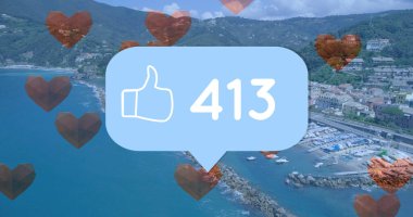 Sosyal medyanın resmi, kalpler ve manzara üzerindeki simge ve sayıları onaylıyor. küresel sosyal medya, dijital arayüz ve dijital olarak oluşturulan seyahat konsepti.