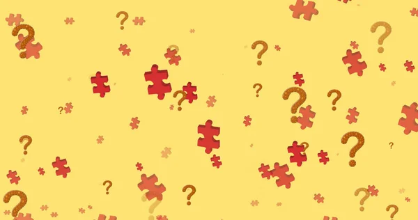 Afbeelding Van Puzzels Vraagtekens Zwevend Gele Achtergrond Nationaal Puzzeldag Hersenactiviteitsconcept — Stockfoto
