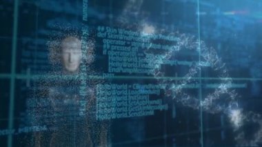 Veri işleme üzerinde DNA iplikçikleri ve siyah arka planda insan modeli. küresel bilim, dijital arayüz ve veri işleme kavramı dijital olarak oluşturulmuş video.