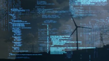 Rüzgâr türbini ve gökyüzü üzerinde bulutlarla işlenen veri animasyonu. küresel teknoloji ve veri işleme kavramı dijital olarak oluşturulmuş video.
