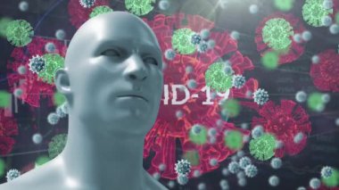 Siyah zemin üzerinde insan yüzü modeli ve virüs hücrelerinin animasyonu. küresel covid 19 salgın konsepti dijital olarak oluşturulmuş video.