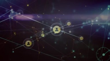 Siyah arkaplandaki simgelerle bağlantı ağının animasyonu. küresel bağlantılar, veri işleme ve dijital olarak oluşturulmuş video ağ konsepti.