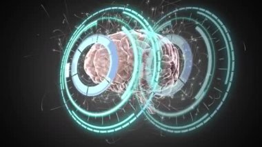 Siyah zemin üzerinde dijital beyin taraması yapılan bir animasyon. küresel bağlantılar, dijital arayüz ve dijital olarak oluşturulmuş video işleme konsepti.