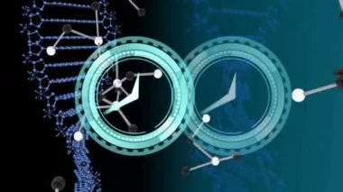 Moleküller üzerinde saatlerin ve siyah arka planda DNA iplikçiklerinin canlandırılması. küresel bağlantılar, dijital arayüz ve dijital olarak oluşturulmuş video işleme konsepti.