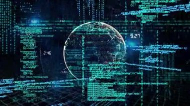 Parlayan küreyle veri işleme animasyonu. küresel hesaplama ve veri işleme kavramı dijital olarak oluşturulmuş video.