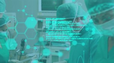 Ameliyathanede hastaları ameliyat eden cerrahlar üzerinde beyin taraması ve tıbbi veri işleme animasyonu. 