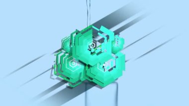 Altıgenlerin sıvı üzerinde dönerek cam kaplara dökülmesinin animasyonu. Bilim, kimyasal deneyler ve dijital olarak üretilen eğitim konsepti.