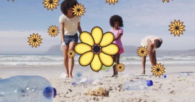 Afrika kökenli Amerikalı kadın ve erkek gönüllülerin sahildeki çöpleri toplaması üzerine çiçek animasyonu. Çevre koruma gönüllüleri, plaj temizleme konsepti dijital olarak oluşturulmuş video.