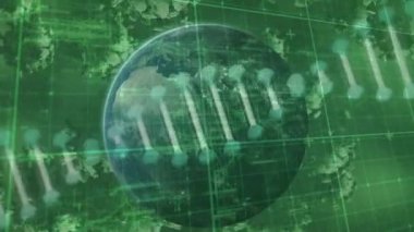 Dünya üzerindeki DNA iplikçiklerinin ve yeşil arka plandaki virüs hücrelerinin animasyonu. küresel bilim, dijital arayüz ve veri işleme kavramı dijital olarak oluşturulmuş video.