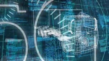 Kamyon projesinin animasyonu ve siyah ve mavi alanda veri işleme 5G üzerinde. Desen, veri işleme, iletişim ve teknoloji konsepti dijital olarak oluşturulmuş video.