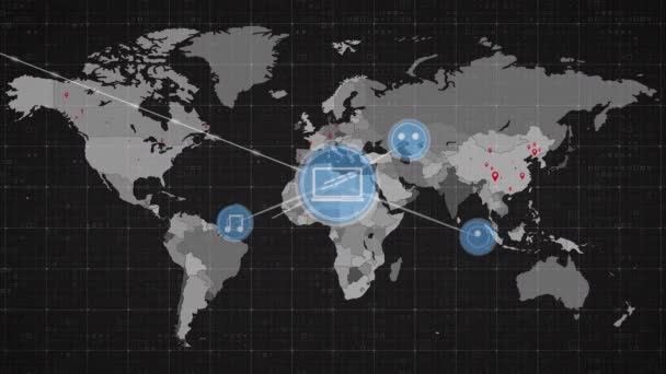 Animacja Sieci Połączeń Mapie Świata Czarnym Tle Globalne Połączenia Interfejs — Wideo stockowe