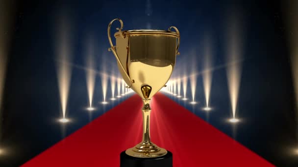 Animatie Van Award Trofee Bij Verlichte Rode Loper Winnaars Prijsuitreiking — Stockvideo