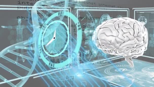 Анимирование Часов Масштабов Сканирования Цифрового Мозга Обработки Данных Черном Фоне — стоковое видео