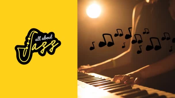 动画的所有关于爵士乐的文字和笔记图标在鸟女人弹奏键盘 国际爵士音乐日和数字制作的视频庆祝概念 — 图库视频影像