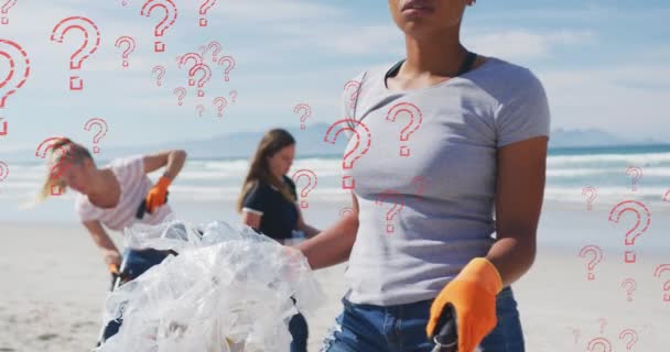 Animation Question Marks Biracial Female Volunteer Picking Rubbish Beach Eco — Stock Video