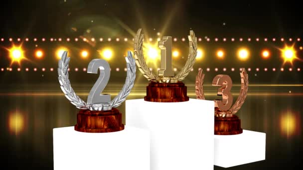 Animação Troféus Prêmio Primeiro Segundo Terceiro Lugares Cerimônia Entrega Prêmios — Vídeo de Stock