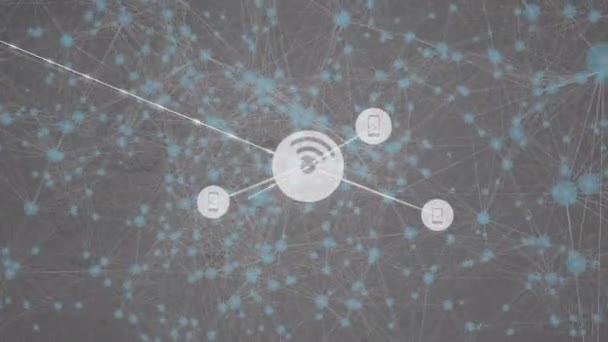 Animação Crescente Rede Mídia Ícones Wifi Transferindo Dados Sobre Hubs — Vídeo de Stock