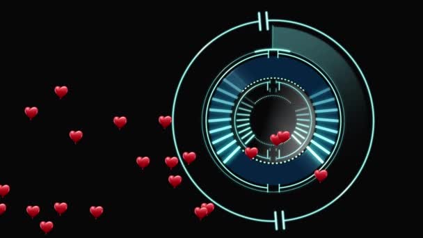 Animation Hearts Scope Scanning Black Background Global Technology Digital Interface — Stock Video