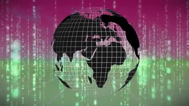 Animación Globo Rotando Sobre Código Binario Espacio Rosa Verde Concepto — Vídeo de stock