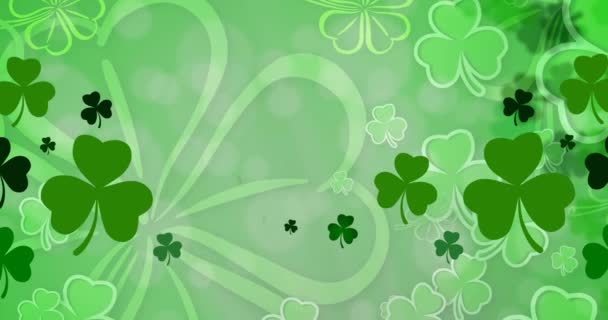 緑の背景にクローバーの葉と幸せな最後のパトリックの一日のテキストのアニメーション Stパトリックの日のお祝いとアイルランドの伝統的なコンセプトデジタル生成されたビデオ — ストック動画