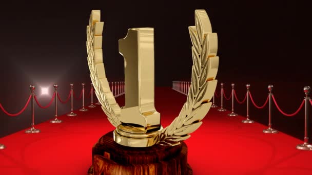 Animatie Van Eerste Plaats Award Trofee Bij Verlichte Rode Loper — Stockvideo